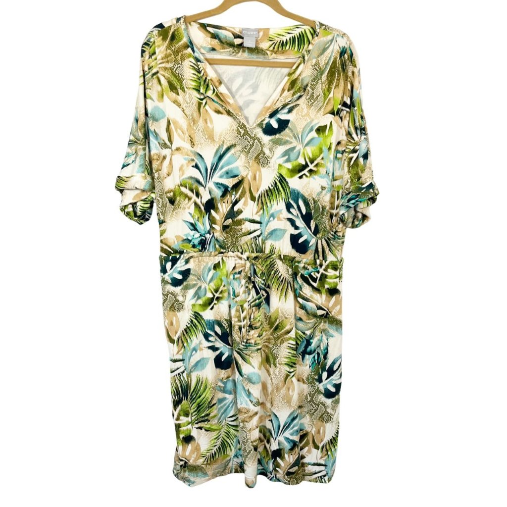 Chico's Green Multicolor Palm Leaf Print Jersey Knit Dress Pockets Size 2, Large